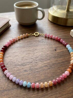 Pink Gemstone Bead Necklace Ombre Rondelle Gold Clasp Statement